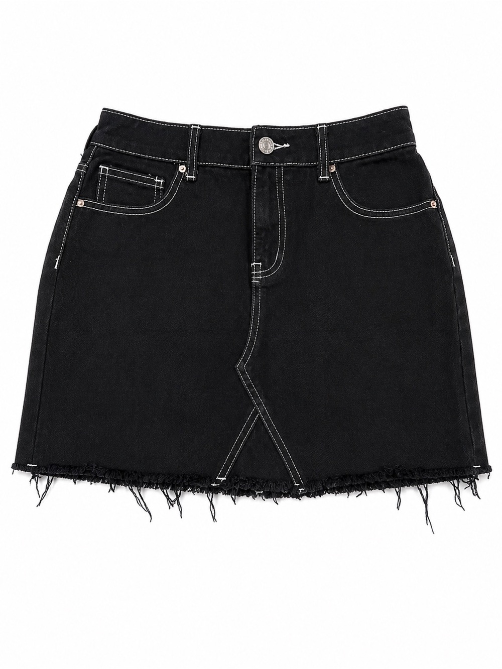 Black Raw-Hem Denim Mini Skirt